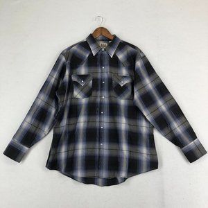 Ely Cattleman Men's XL Blue Silver Plaid Pearl Snap Long Sleeve Western Shirt